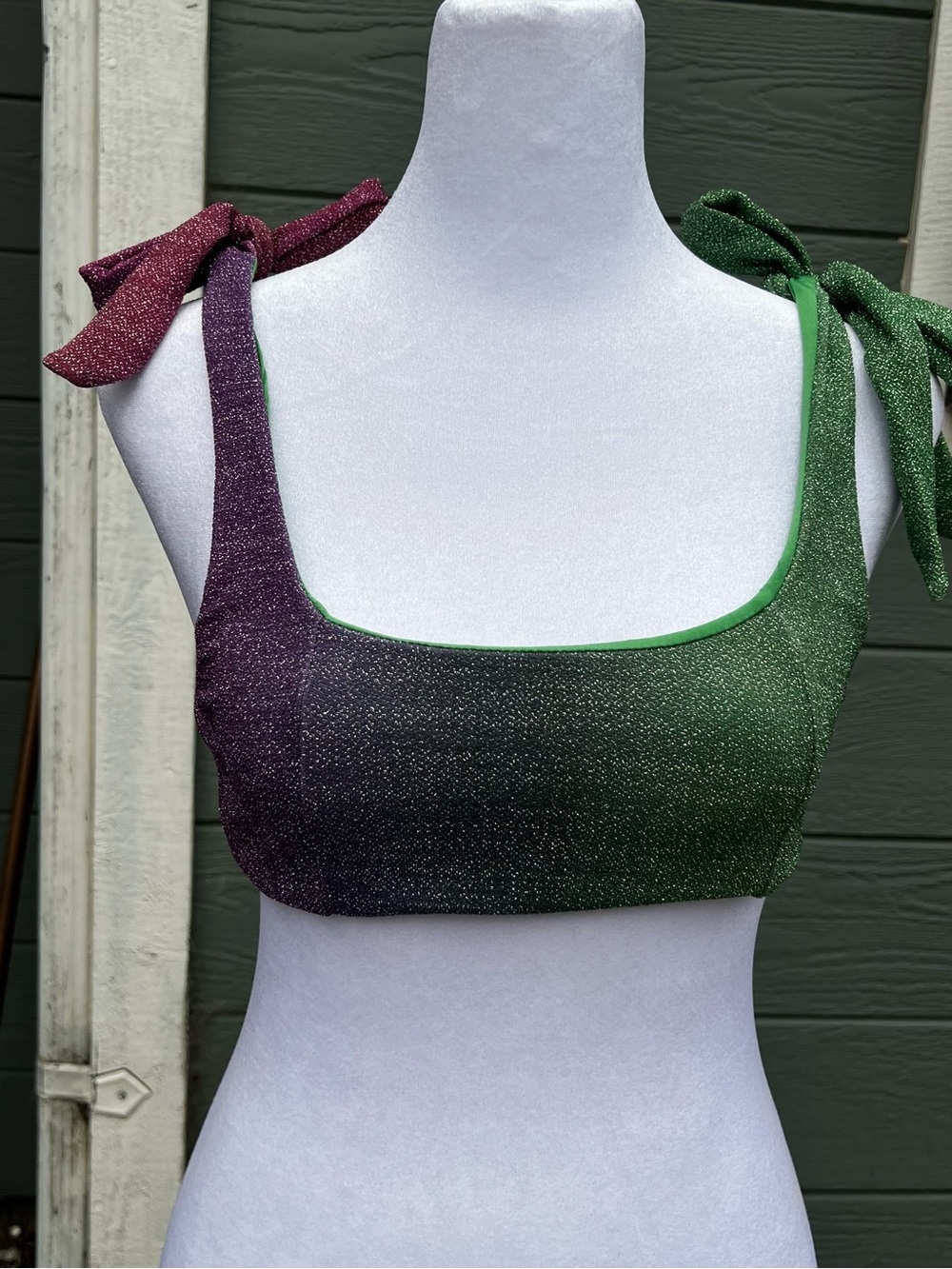 Beach Riot Shimmer Tie-Shoulder Crop Top - Green & Purple